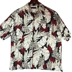 Sea Island Men Tropical Leaf Print Short Sleeve Button Down Shirt Burgundy Cream